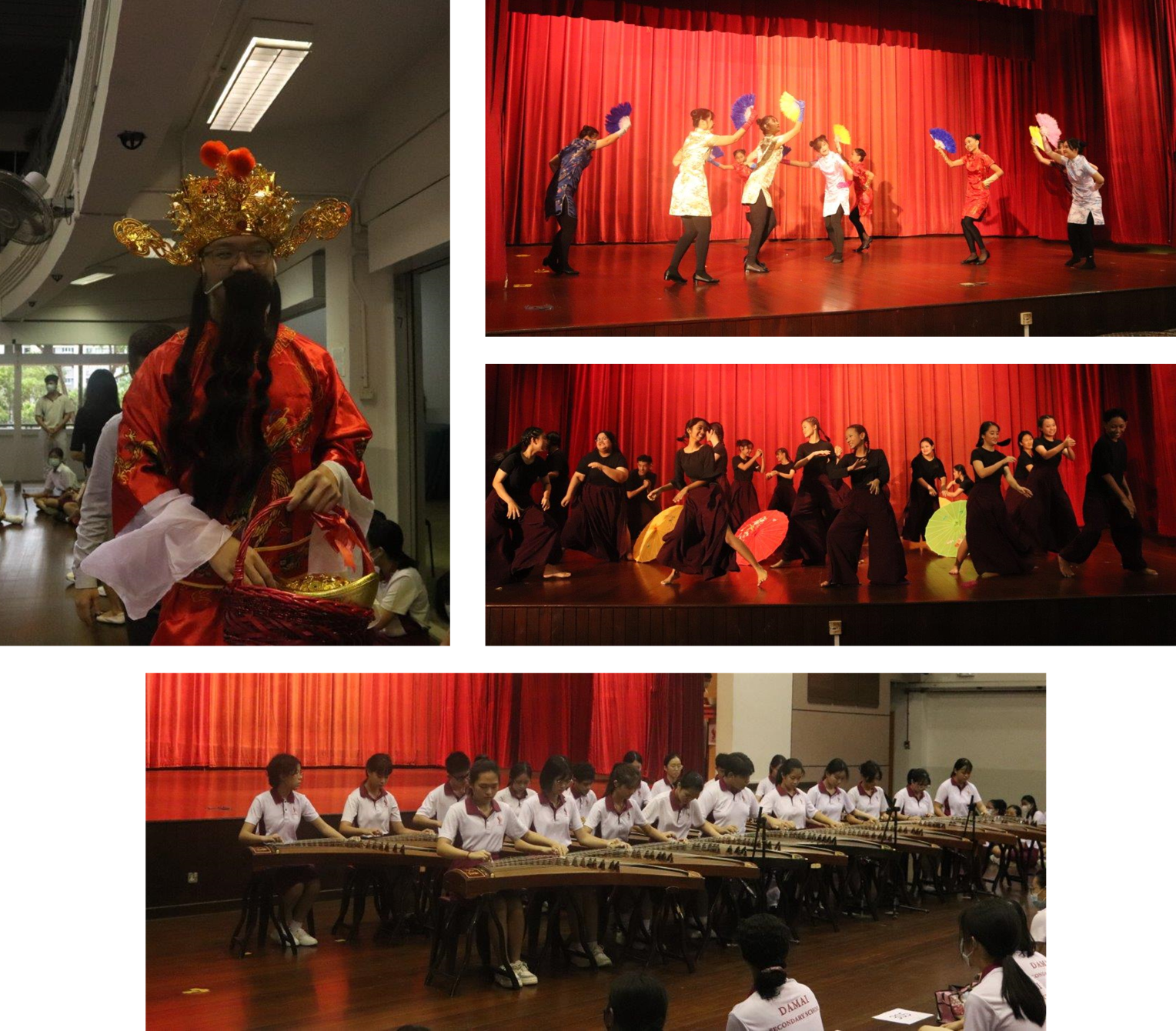 Collage: man in red costume with gold headpiece, dancers with fans and umbrellas, students playing zithers on stage.